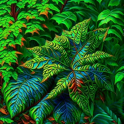 Bosque selva hojas verdes colores complementarios arte digital hiperdetallado pintura al óleo renacentista obra de arte