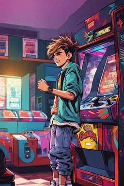 a millineal teenage boy is playing video arcade games, bright colored clothes from the 90s, hairstyles of that time, comic style