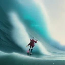 Santa standing of surfboard surfing a big wave, empty hands, beach, character design by cory loftis, fenghua zhong, ryohei hase, ismail inceoglu and ruan jia. unreal engine 5, artistic lighting, highly detailed, photorealistic, fantasy