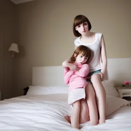 Realistic photo Russian shorthair beautiful 20-years tomboy boyish boylike young wife wide hips in bedroom with little daughter