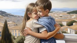 Neoclassicism child hugging other child realistic cote d'azur