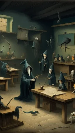 Bosch painting style nightmare, a dark children class room all children’s sitting on the desks are ghost and the teacher is a hooded creature holding a stick in front of the blackboard
