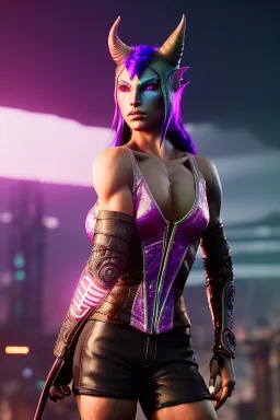Athlethic Young tiefling woman, futuristic fantasy assassin character, portrait from waist up, intricate eyeliner, vibrant eyeshadow, clear completion, soft lighting, 4k resolution, intricate details, insanely detailed, white tank top, vibrant Japanese style tattoo sleeve, colorful cityscape background, masterpiece, expert, cinematic smooth, retroanime style, realistic details, red glowing eyes