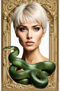 oiled female beauty model, real model, beautiful face, tall and perfect body, short hair, eva and the snake