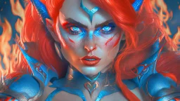 {devil elf} with {red} hair and with cute face, {fire}, blue eyes, skimpy leather clothes, stiletto heels, perfect composition, hyperrealistic, super detailed, 8k, high quality, trending art, trending on artstation, sharp focus, studio photo, intricate details, highly detailed, wide borders