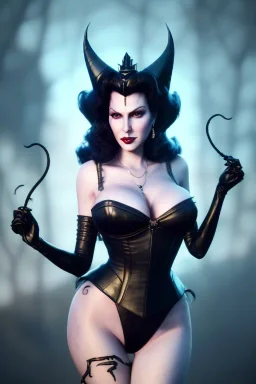 Lana Turner as evil queen in black leather, leather, busty, cleavage, angry, stern look. character design by cory loftis, fenghua zhong, ryohei hase, ismail inceoglu and ruan jia. unreal engine 5, artistic lighting, highly detailed, photorealistic, fantasy