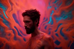 glitchsm photography, Hiper-realistic Close-up photo, Otherworldly, young beard Shia La Beouf wears soft jelly fluorescent translucent silk Klimt Iris Van Harpen 3D-printed parametric body-paint costume, glowing inside body, arcane atmosphere, Austrian Symbolism, professional photography stormy sunrise river forest, by Marianne Bresaluer