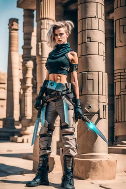 teen woman in retro-futurist cyberpunk costuming with pants leaning to the side with shoulder against a stone pillar of a Egyptian + cyberpunk post apocalyptic building, 2 swords in scabbards at hip