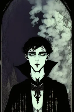 17 year old boy, necromancer, friendly, looks dead, surrounded by weird smoke with eyes, wearing black robes, in the style of Harry Clarke