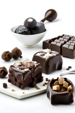 chocolate square shaped truffles with prunes, powdered with dark chocolate, with silky soft powder texture, whole prune is next to the truffles, on a white background, slight shadows dropped, high resolution, highly detailed, restaurant setting with intricate dessert fork placed nearby