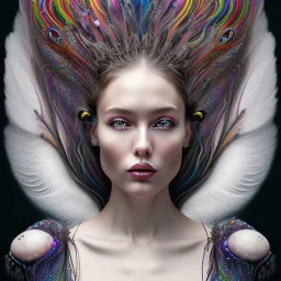 #Leonardai Starling , photorealistic ,pop surreal , lowbrow art ,enchanting portrait of a beautiful mature woman,representing a starling , feathers in her hair ,black and vibrant colors , sweet , magical , cosy warm light , whimsical, alluring , dazzling ,, expressive