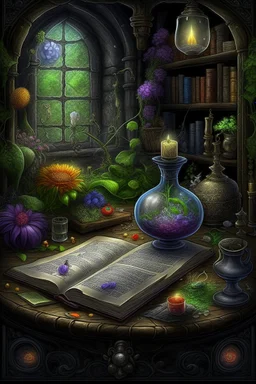 An illustration to an ancient reference book of the dwelling of fairy-tale characters, graphics, text with symbols, an alchemist's laboratory. realistic, scientific, detailed, patterns, cobwebs, decoupage of garden flowers,fabulous,hyperrealism,microdetalization,surreal,drawing,clear outline,color illustration,aesthetics,mystical landscape,dark botanical,dark fantasy,multicolor,detailed,threads,fibers,ambient clarity,volumetric,hyperdetalization,