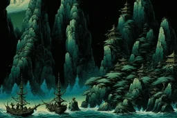 A blackish teal dark isles filled with gloom painted by Utagawa Hiroshige