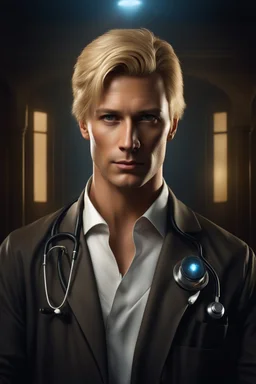 Portrait of a 40 year old handsome male doctor with short blonde hair, photorealistic, fantasy