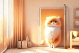 cute fluffy chibi beige cat with a giant thermometer in a modern room in sunshine