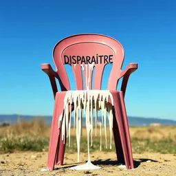 chaise en plastique qui a fondu au soleil, elle dégouline, avec le mot français "DISPARAÎTRE" sur la chaise
