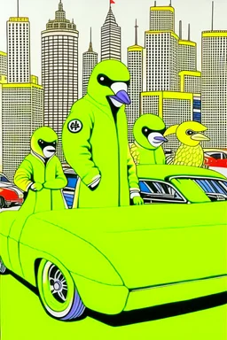 YELLOW LAMBOURGHINI APES PENGUINS AND ROBOTS in the style of Hiroshi Nagai