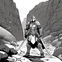 [comics Head Lopper style by Andrew MacLean] The hero, clad in plate armor, his two hands on the hilt of his zweihandsword, stands guard at the narrow passage in the canyon. Guard up, he knows he may die protecting the valley.The sun beats down mercilessly, casting harsh shadows across the rocky terrain. The hero's armor gleams in the sunlight, a beacon of strength and determination. His grip tightens on the hilt of his massive sword, ready to face whatever may come.
