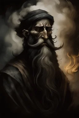 عِنْدهَا، تَجلَّى لَهمَا رَجُل ضَخْم اَلجُثة، ذُو لِحْيَة طَوِيلَة سِبْطه شَدِيدَة السَّوَاد وعيْنَيْنِ ضيِّقتَيْنِ، رَأسُه أَملَس كالصَّفْوان، ولم يَكُن يُظْهِر سِوى اَلجُزء اَلعلْوِي مِن جَسدِه وسط كُلِّ ذَلِك الدُّخَّان.. وَقَال: اَلجمِيع يَدعِي الطَّيِّبة وَحُسن النِّيَّة لَكِن وَقْت اَلجِد والامْتحان يُظْهِر مَا وراءه مِن شرٍّ وَبَليَّة، والْآن سيتبَيَّن مِقدَار مَا لَديْكم مِن صِدْق وَحُسن طَويَّة.. وَفِي لَمَّح البصر تَغيُّر المكَان وَتَبدلَت الأرْكان، وَوجَد السِّنْدباد وَعَلاء الدِّين ن