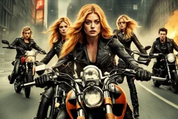 Poster for an action film called "The Motorbike Girls" starring Katherine McNamara, Margot Robbie and Georgia Henshaw wearing tight leather catsuits.