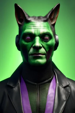 Medium Close Up Portrait, Front image. cyberpunk, rabbit mask helmet, strong man, green hair. latex suit. Purple, green, color. Joker style. Color background, photo studio. Avatar image, highly detailed, concept art, smooth, unreal engine 5, ray tracing, RTX, lumen lighting, ultra detail, volumetric lighting, 3d, finely drawn, high definition, high resolution.