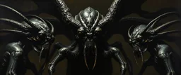 master oil painting by Rembrandt, black glistening slimy insectoid Nephilim tribe trauma watchers in the style of Giger