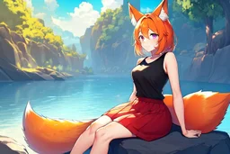 Girl, fox ears, one big fox tail, orange hair, red skirt, river, fox foot , sit on the shore, purple fox eyes, black T-shirt, wet, happy, fox paws foot