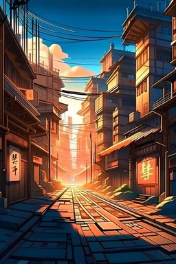 Futuristic town street with labyrinth entrance, anime