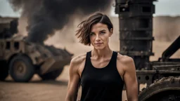 beautiful slender caucasian female technician, black tank top, dirty face, gritted teeth, well toned muscles, weathered face, scratched sand camo metal details, short brunette wavy bob haircut, dystopian, desert scene with smoke and explosions,