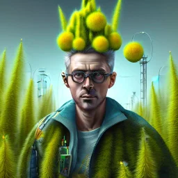 portrait of mad scientist in coat, yellow mad hat ,cell towers overgrown with plants, spray paint art, book illustration, 4k, high detail