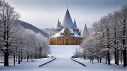 2055, rule of thirds, delightful, sensitive, confident, undulating sinusoidal castle with pointed hyperbolic roofs, forest, delicate, thick snow, symmetrical, exquisite architecture, innovative design, perfect symmetry, award-winning photograph, beautiful composition, filled with beautiful detail, delicate colour, chiaroscuro