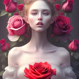 red roses beautiful girl,utra realistic,highly detailed, masterpiece, delicate detailed, sharp focus, insanely detailed, fantasy art, royalistic,elegant, fog, Special Lighting, Vibrant, color Scheme, forest, unreal engine, trending on artstation, ultra photoreal,high chaos --s 700