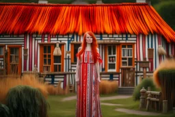 Full body shot of a tall slim pretty, red-headed young woman, dressed in a long flowing colourful dress, standing in front of a row of cottages and shops with thatched roofs, casting runes in the air