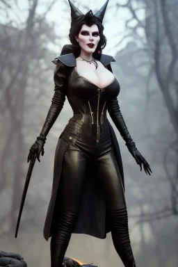 Amy Dumas as evil queen in black leather, leather, busty, cleavage, angry, rage, stern look. character design by cory loftis, fenghua zhong, ryohei hase, ismail inceoglu and ruan jia. unreal engine 5, artistic lighting, highly detailed, photorealistic, fantasy