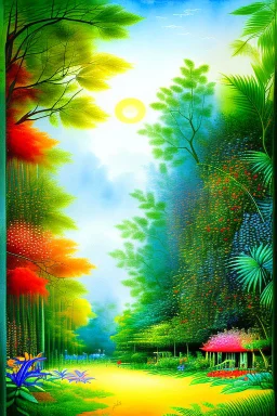 watercolor painting, colorful tropical landscape garden scene in the style of Henri Rousseau's artwork, “The Equatorial Jungle”