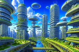 detailed alien cityscape, buildings with balconies, tracks, roads, paths, river, blue sky, white clouds