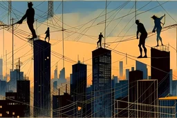 tightrope walkers over rooftop chase at brutalist tower, dark arachnid monster shadows jumping from roof to roof by by Étienne-Jules Marey & Catherine Jeffrey Jones, vibrant colors, dramatic, contrasting sillouhettes, skyline in the back, technological antennae towers, telephone wires and poles, cranes