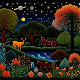 Colourful, peaceful, Henri Rousseau, night sky filled with galaxies and stars, animals, trees, flowers, one-line drawing, sharp focus, 8k, 3d, intricate, ornate