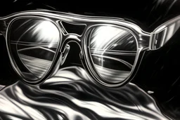 Charcoal drawing of sunglasses, U.S. Flag in reflection of lens, dramatic lighting coming from the top left corner of the image, sharp contrast, good shading, black and white image