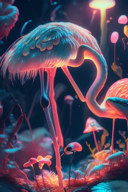 flamingo and fungoid portrait in fungus garden, glowing pixies, hi detail, 4k, clear focus, depth of field, color correction, studio quality, backlight