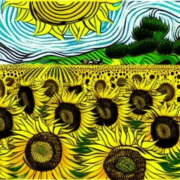 dibujo de un campo de girasoles con el estilo de Vincent van Gogh