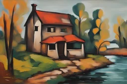 abstraktna umetniška slika akril stara hiša ob reki stil picaso ženska sedi na klopi
