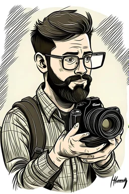 Simple drawing, journalist holding a camera, short hair , beard, light hair , Hammam , signature, Hima , name, writer’s style, cartoon