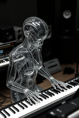 The whole body of Maniquí de glassy Artist mader playing piano , Audio studio gears in the background