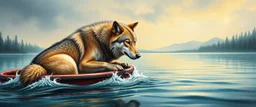 airbrush , wolf is being rescued from boat in lake, business logo