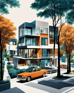 Architectural drawing of an urbanization of modern two-story houses, streets, trees, people and cars, complementary colors