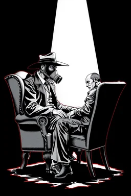 western styles man with hat (wide flat brim flat top) shading face, wearing a gas-mask, sitting forward on a wingback chair while talking to a man tied to a chair, vignette, black and white graphic novel style with a red outline on black background, gothic horror