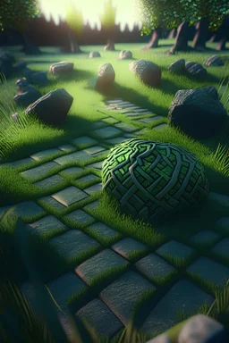brilliant raytraced stone labyrinth with green grass, 4k, nvidia graphics, volumetric light, depth of field, autumn, trending art, fantasy art, knight