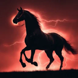 full silhouette of a horse rearing up(outlined by lighting), plus red sky with lightning bolt of electricity traveling (from top right to bottom left)