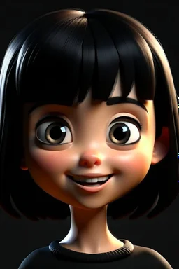 3D Cute girl perfect big eyes ,smiley with bob hair ,medium black with bangs